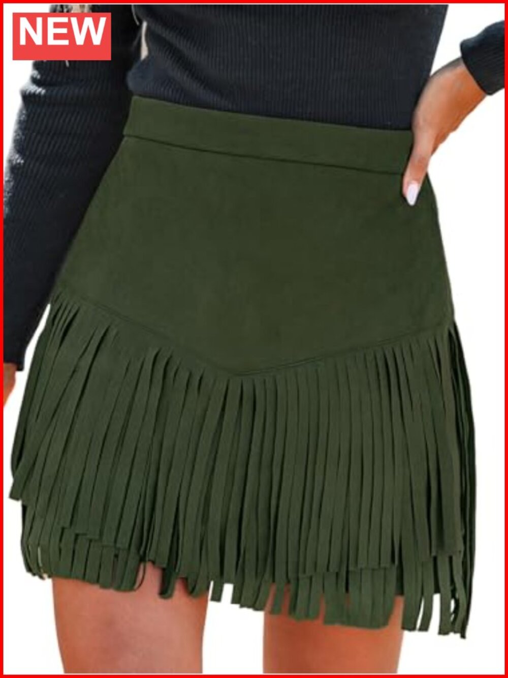 Womens Faux Suede Fringe Mini Skirt High Waist Western Cowgirl A-Line